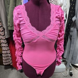 Pink Lace Trim Women's Bodysuit